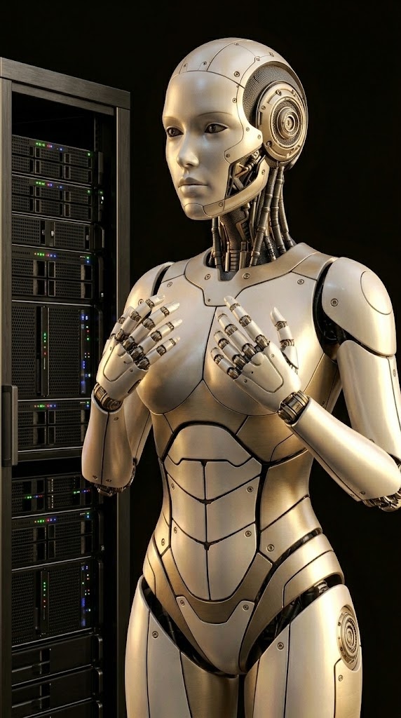 Roboter vor einem Server-Rack