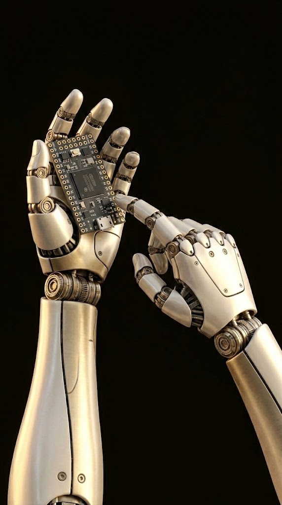 Roboterhand hält ein Teensy-4.1-Entwicklungsboard