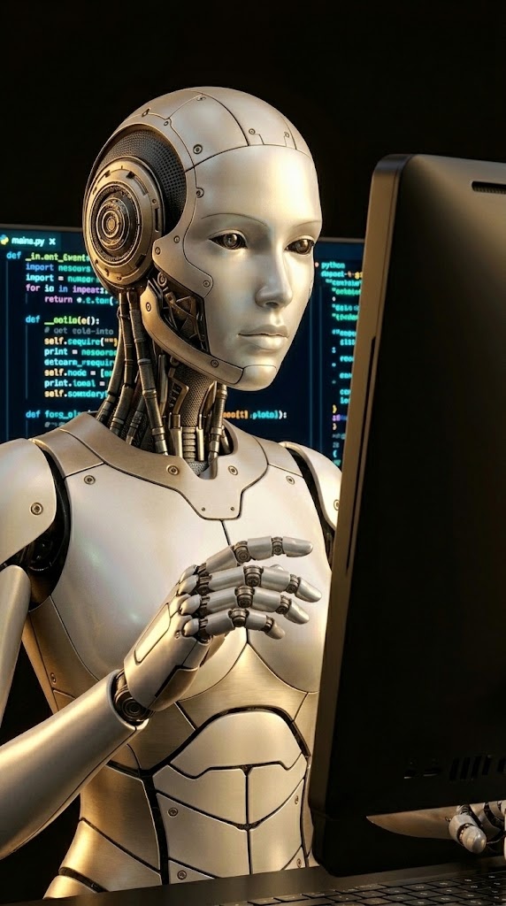 Roboter vor einem Monitor mit Code